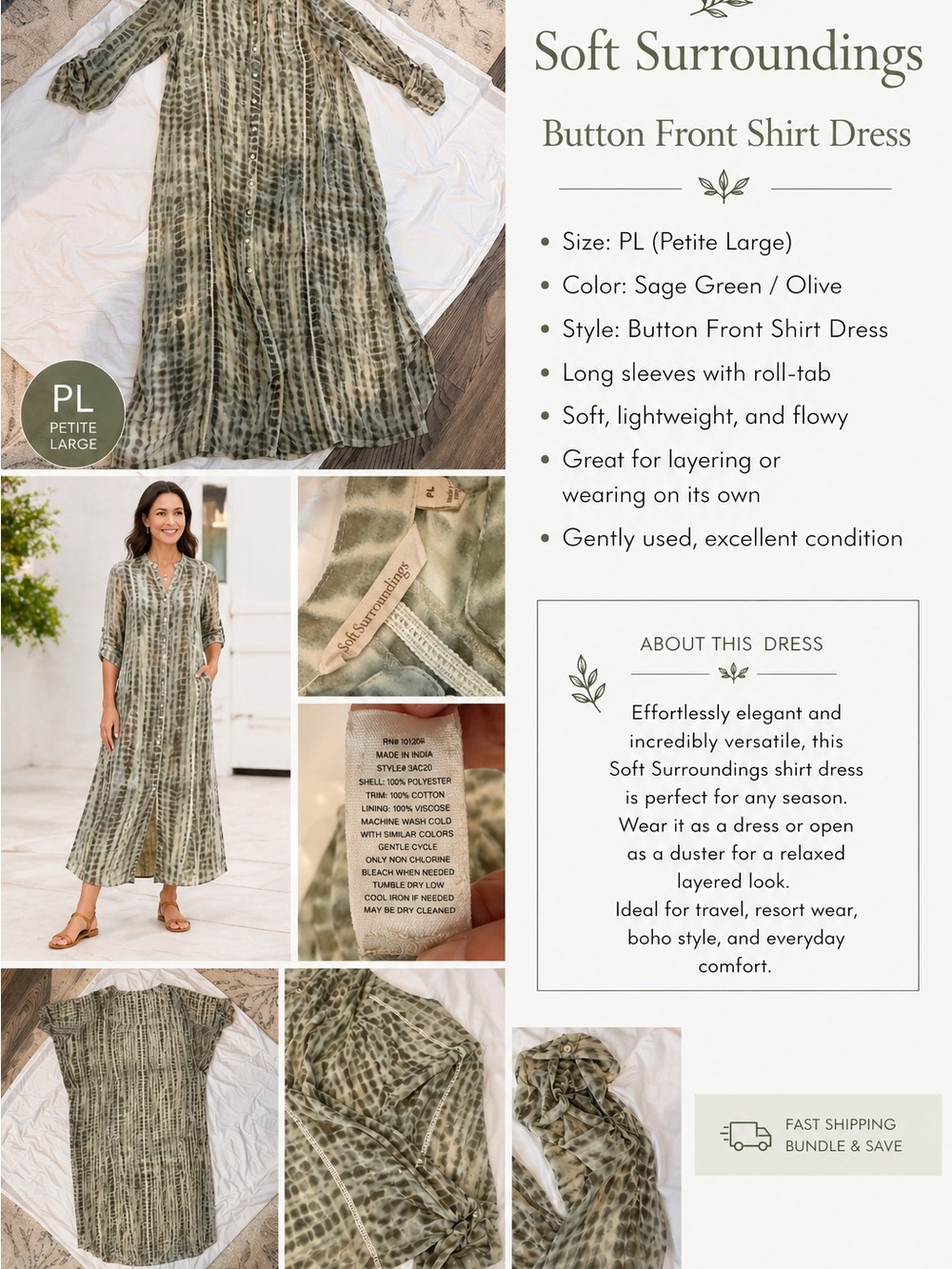 Soft Surroundings Shirt Dress PL - Translucent- Sage & Cream